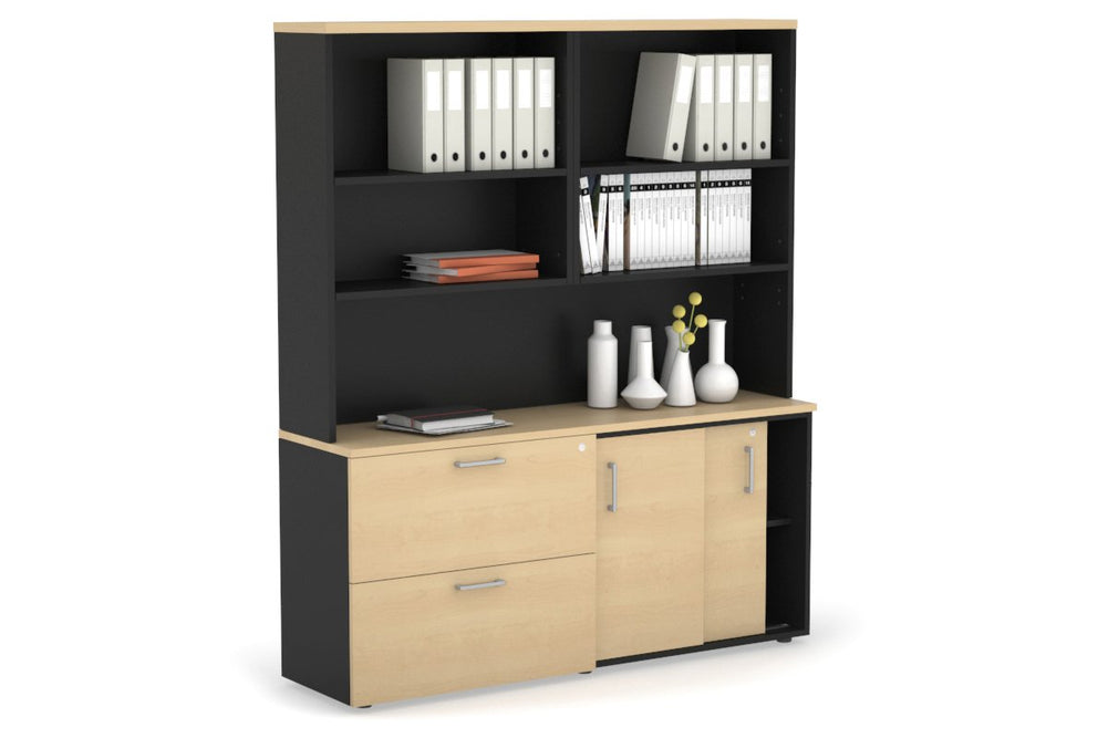 Uniform Sliding 2 Door Credenza and 2 Drawer Lateral File Unit with Open Hutch-Black maple silver handle