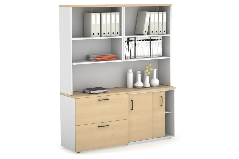 Uniform Sliding 2 Door Credenza and 2 Drawer Lateral File Unit with Open Hutch-White maple black handle