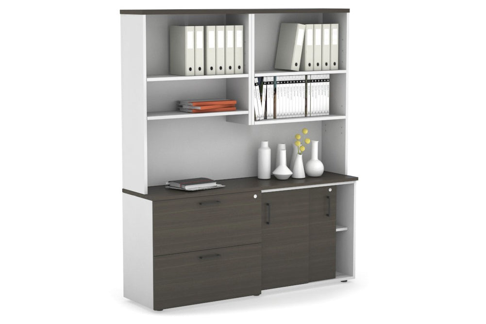 Uniform Sliding 2 Door Credenza and 2 Drawer Lateral File Unit with Open Hutch-Black dark oak black handle