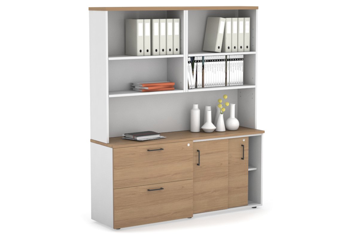Uniform Sliding 2 Door Credenza and 2 Drawer Lateral File Unit with Open Hutch-White salvage oak black handle