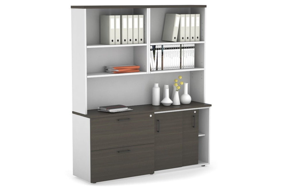 Uniform Sliding 2 Door Credenza and 2 Drawer Lateral File Unit with Open Hutch-White dark oak black handle
