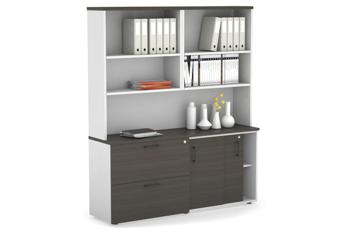 Uniform Sliding 2 Door Credenza and 2 Drawer Lateral File Unit with Open Hutch Jasonl White dark oak black handle