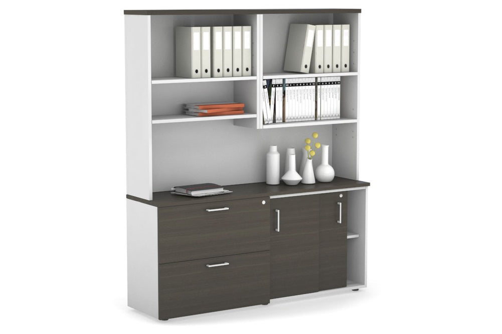 Uniform Sliding 2 Door Credenza and 2 Drawer Lateral File Unit with Open Hutch-Black dark oak black handle