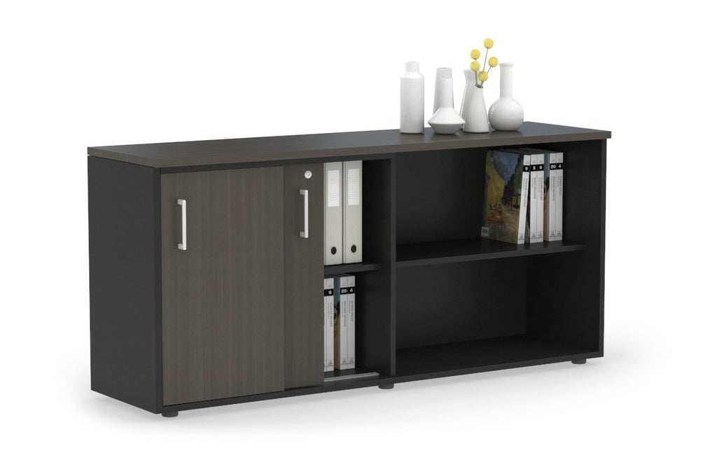 Uniform Sliding 2 Door Credenza and Open Storage Unit-Black dark oak white handle