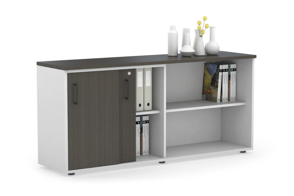 Uniform Sliding 2 Door Credenza and Open Storage Unit-White dark oak black handle