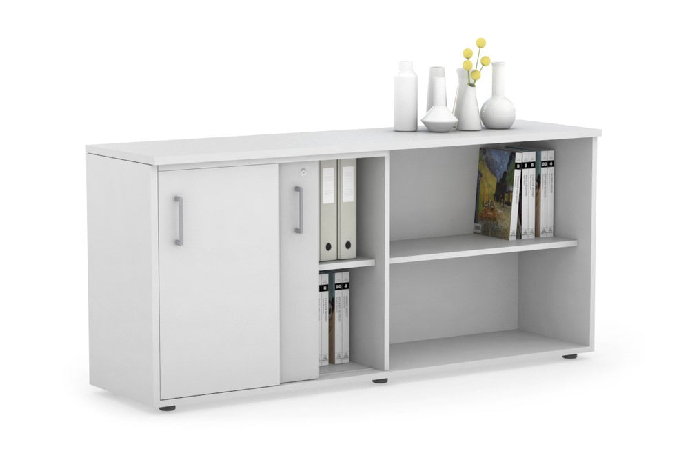 Uniform Sliding 2 Door Credenza and Open Storage Unit-White white silver handle