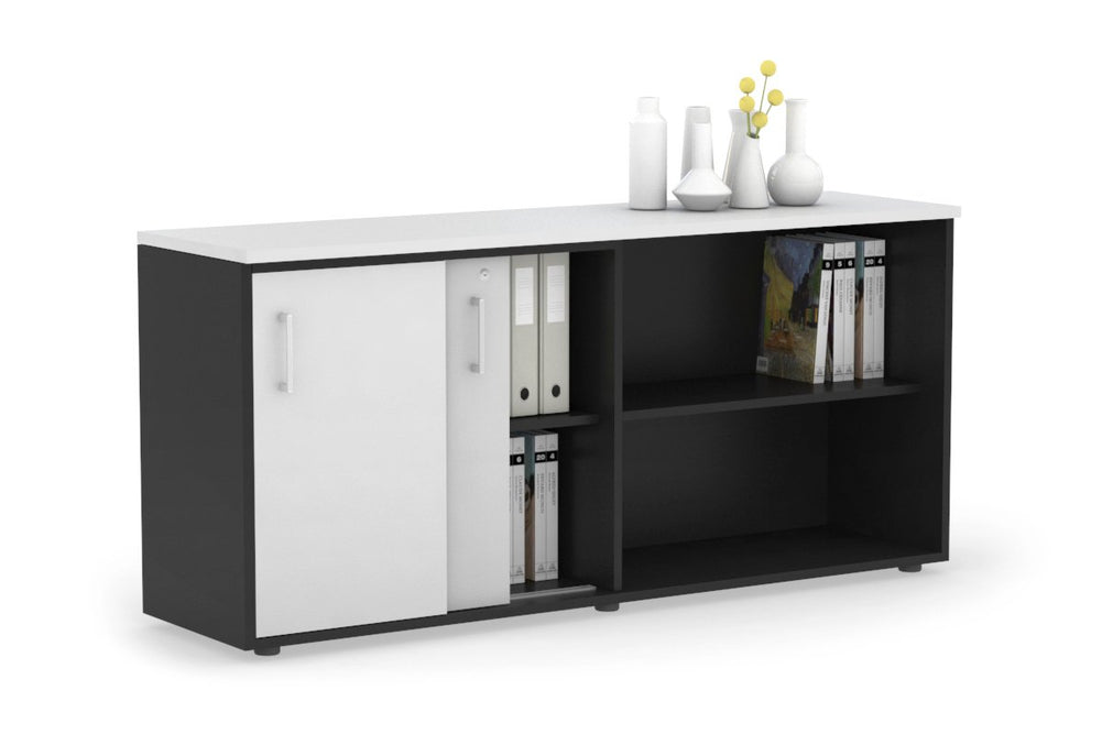 Uniform Sliding 2 Door Credenza and Open Storage Unit-Black white white handle