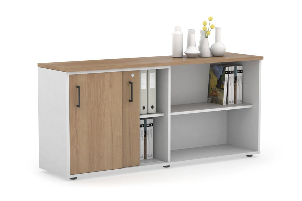 Uniform Sliding 2 Door Credenza and Open Storage Unit-White salvage oak black handle