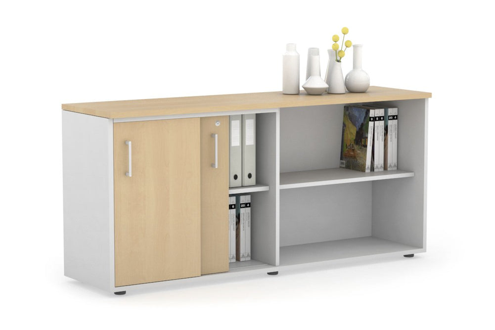 Uniform Sliding 2 Door Credenza and Open Storage Unit-White maple white handle