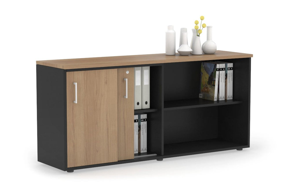 Uniform Sliding 2 Door Credenza and Open Storage Unit-Black salvage oak white handle