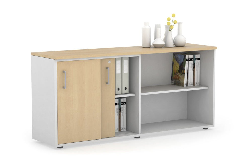 Uniform Sliding 2 Door Credenza and Open Storage Unit-White maple silver handle