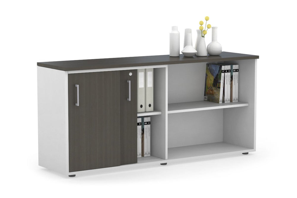Uniform Sliding 2 Door Credenza and Open Storage Unit-White dark oak silver handle
