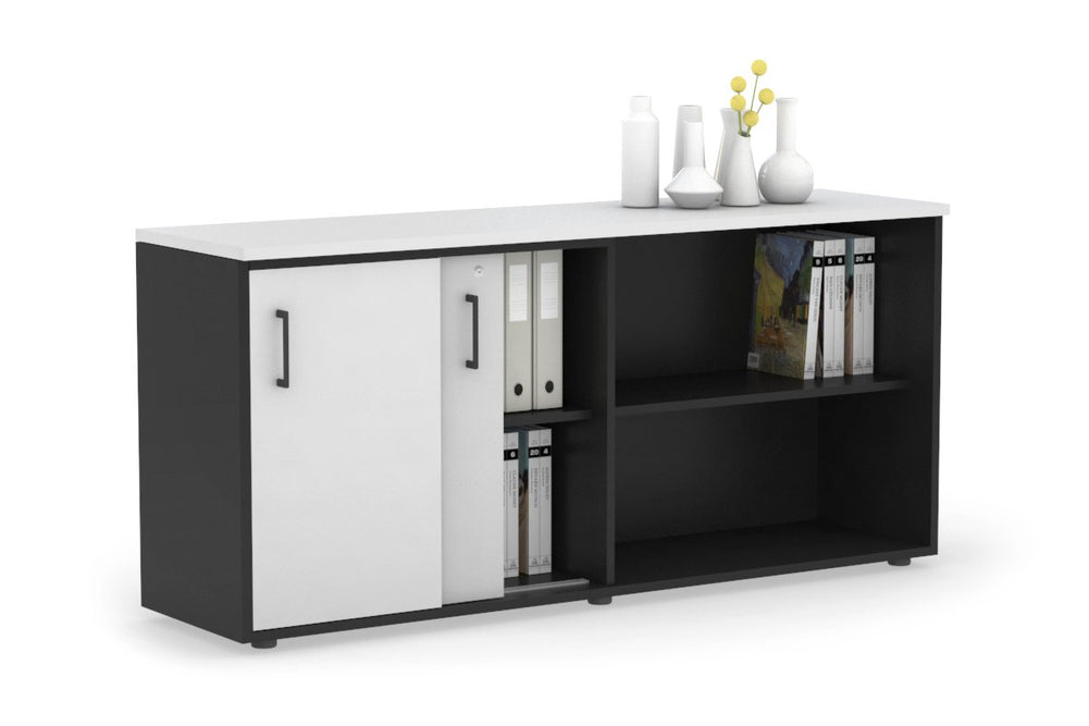 Uniform Sliding 2 Door Credenza and Open Storage Unit-Black white black handle