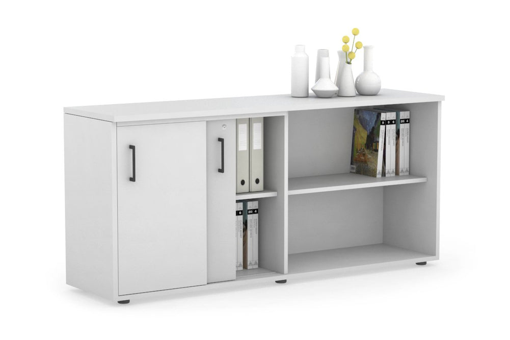 Uniform Sliding 2 Door Credenza and Open Storage Unit-White white black handle
