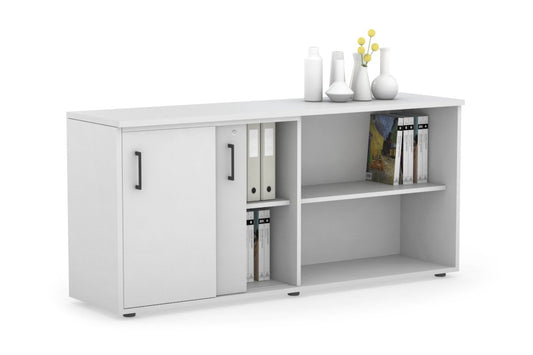 Uniform Sliding 2 Door Credenza and Open Storage Unit Jasonl White white black handle