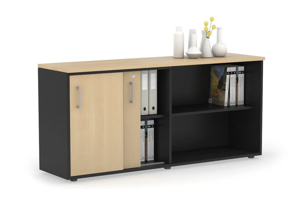 Uniform Sliding 2 Door Credenza and Open Storage Unit-Black maple silver handle