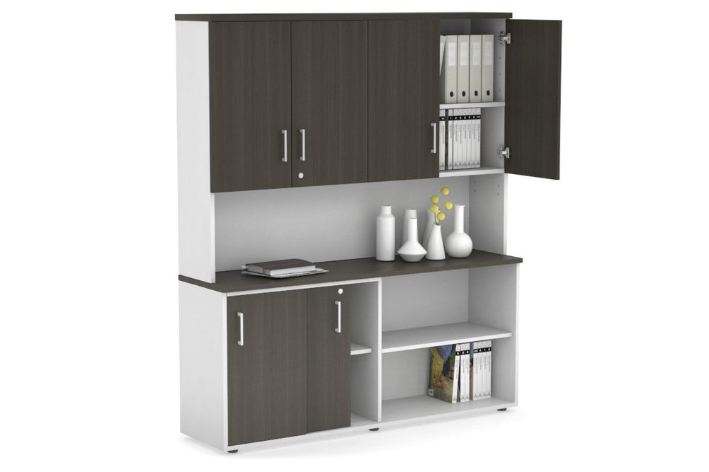 Uniform Sliding 2 Door Credenza and Open Storage Unit - Hutch with Doors-White dark oak white handle