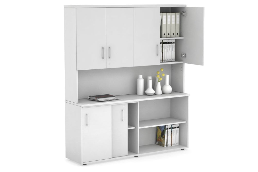Uniform Sliding 2 Door Credenza and Open Storage Unit - Hutch with Doors-White white white handle