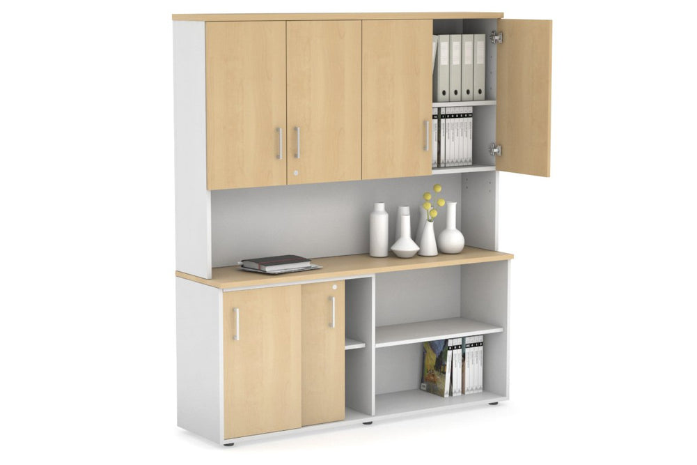 Uniform Sliding 2 Door Credenza and Open Storage Unit - Hutch with Doors-White maple white handle