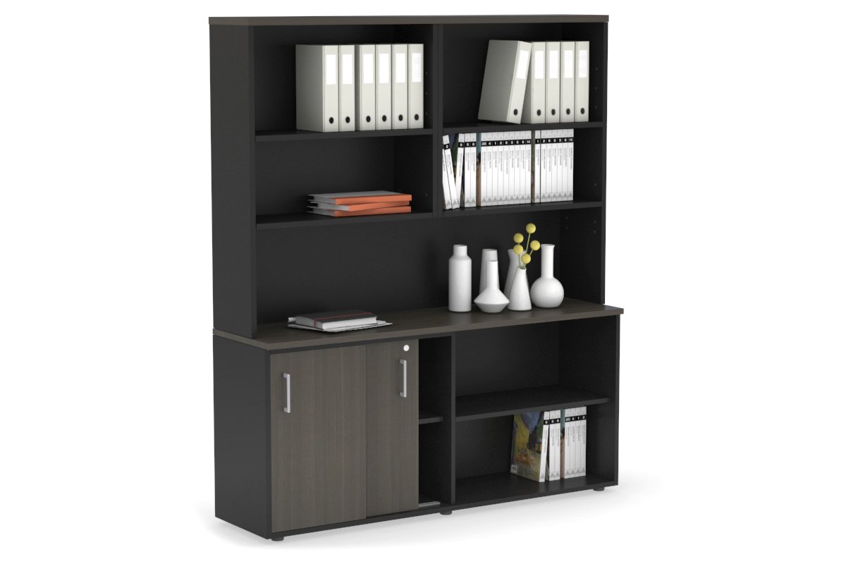 Uniform Sliding 2 Door Credenza and Open Storage Unit with Open Hutch Jasonl Black dark oak silver handle