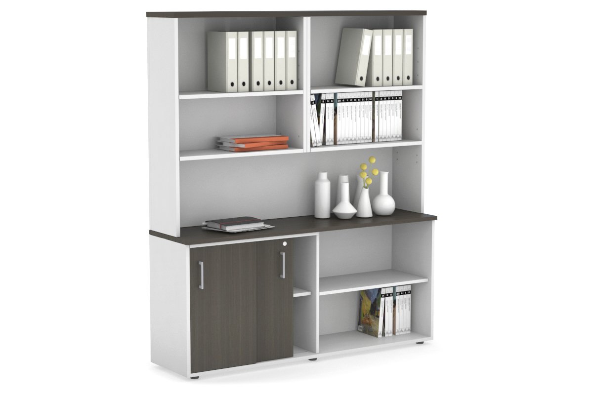 Uniform Sliding 2 Door Credenza and Open Storage Unit with Open Hutch Jasonl White dark oak silver handle