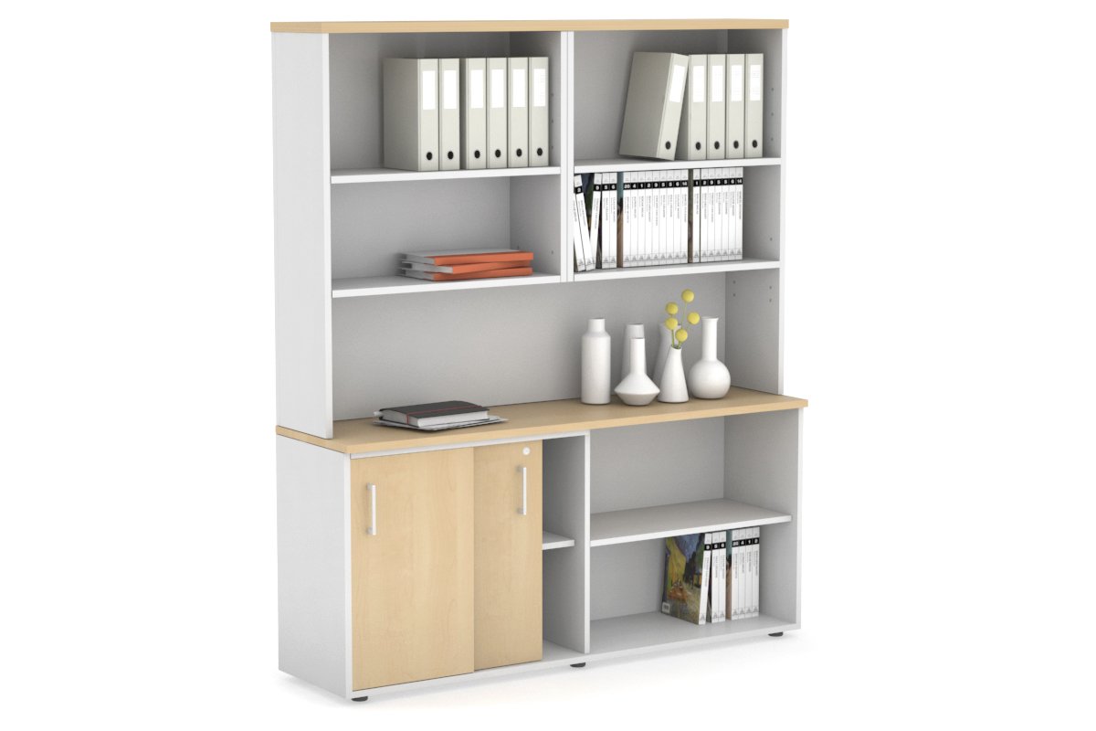 Uniform Sliding 2 Door Credenza and Open Storage Unit with Open Hutch Jasonl White maple white handle