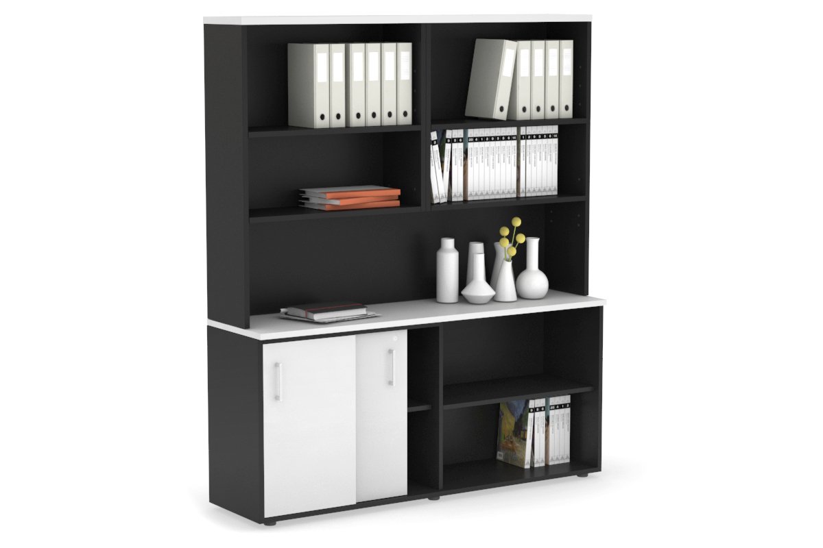 Uniform Sliding 2 Door Credenza and Open Storage Unit with Open Hutch Jasonl Black white white handle