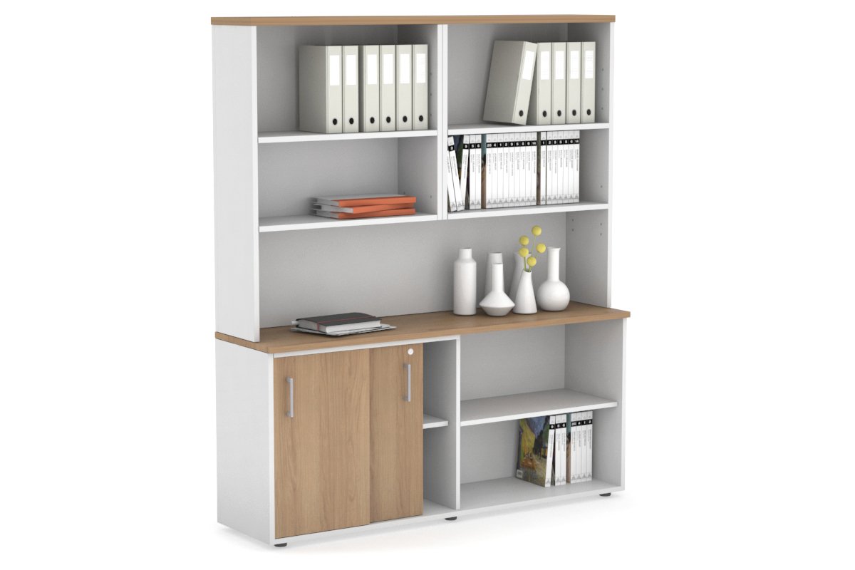 Uniform Sliding 2 Door Credenza and Open Storage Unit with Open Hutch Jasonl White salvage oak silver handle