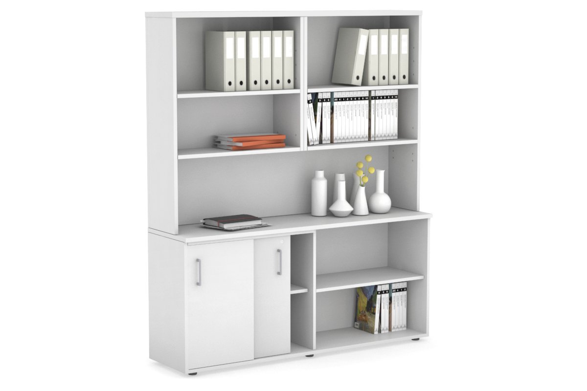 Uniform Sliding 2 Door Credenza and Open Storage Unit with Open Hutch Jasonl White white silver handle