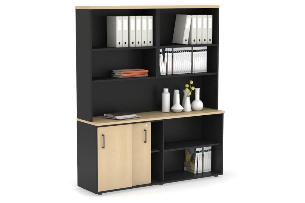 Uniform Sliding 2 Door Credenza and Open Storage Unit with Open Hutch-Black maple black handle