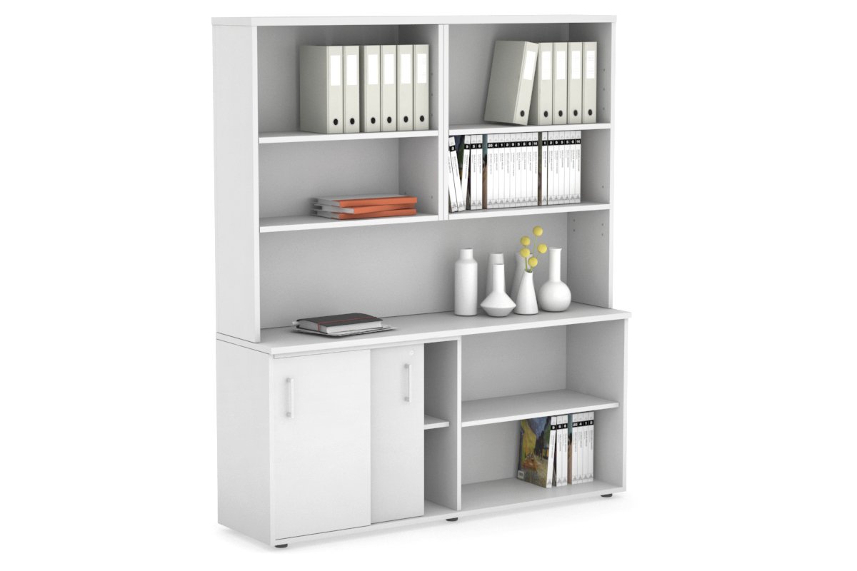 Uniform Sliding 2 Door Credenza and Open Storage Unit with Open Hutch Jasonl White white white handle