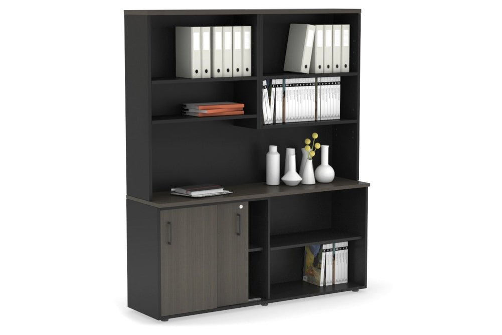 Uniform Sliding 2 Door Credenza and Open Storage Unit with Open Hutch-Black dark oak black handle