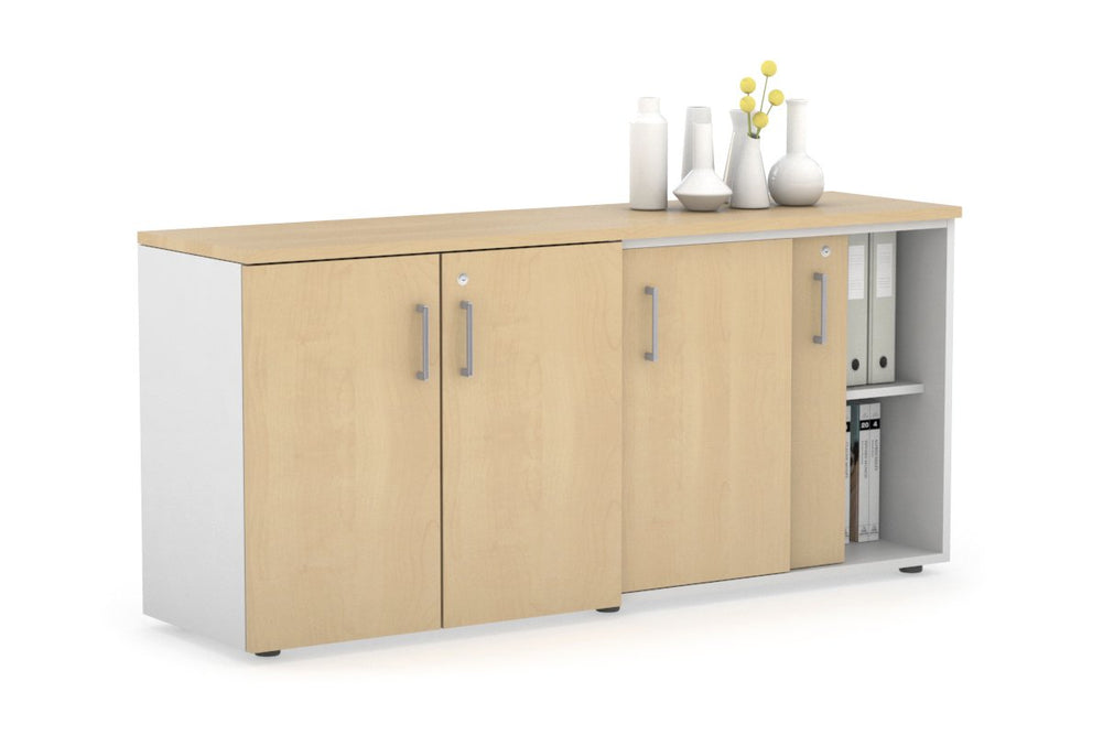 Uniform Sliding 2 Door Credenza and Small 2 Door Cupboard Unit-White maple silver handle