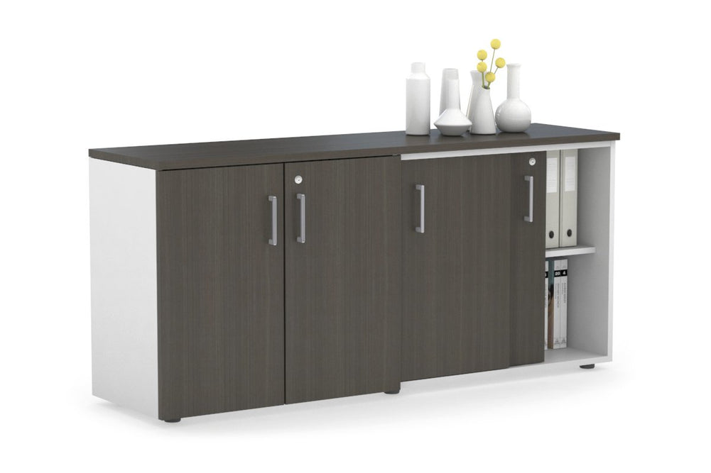 Uniform Sliding 2 Door Credenza and Small 2 Door Cupboard Unit-White dark oak silver handle