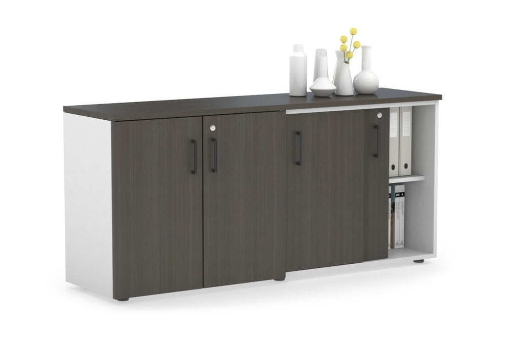 Uniform Sliding 2 Door Credenza and Small 2 Door Cupboard Unit-White dark oak black handle