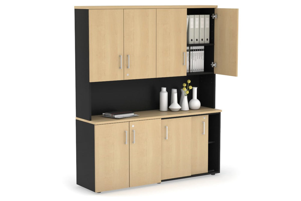 Uniform Sliding 2 Door Credenza and Small 2 Door Cupboard Unit - Hutch with Doors-Black maple white handle