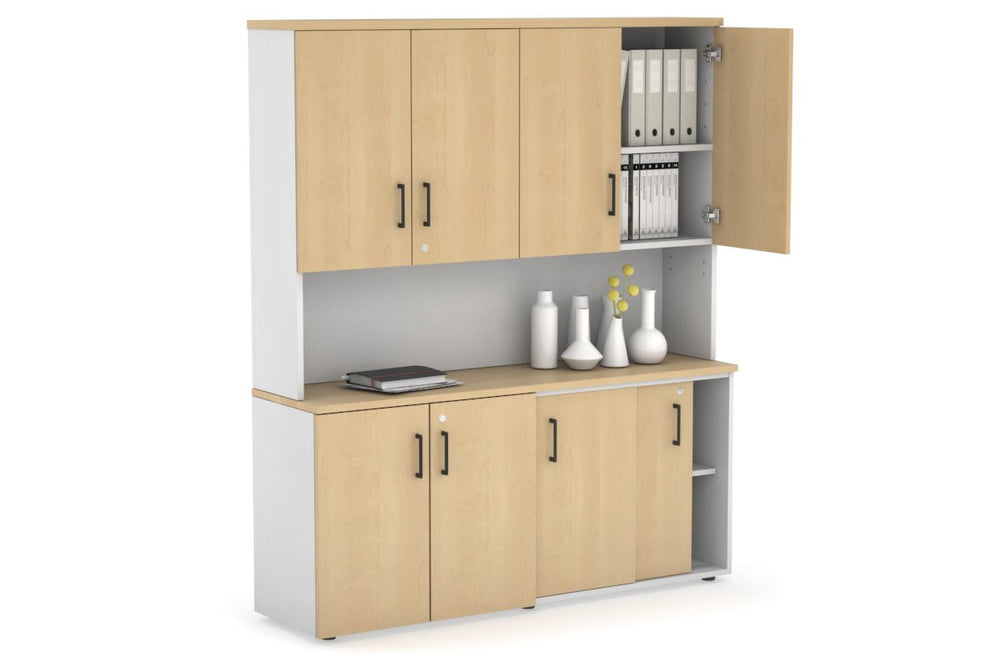 Uniform Sliding 2 Door Credenza and Small 2 Door Cupboard Unit - Hutch with Doors-White maple black handle