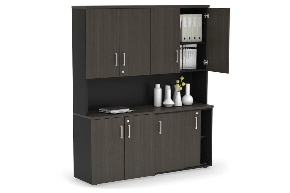 Uniform Sliding 2 Door Credenza and Small 2 Door Cupboard Unit - Hutch with Doors-Black dark oak white handle