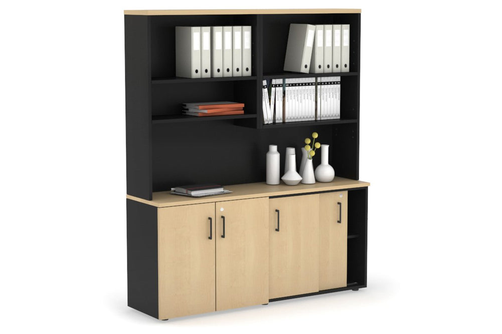 Uniform Sliding 2 Door Credenza and Small 2 Door Cupboard Unit with Open Hutch-Black dark oak black handle