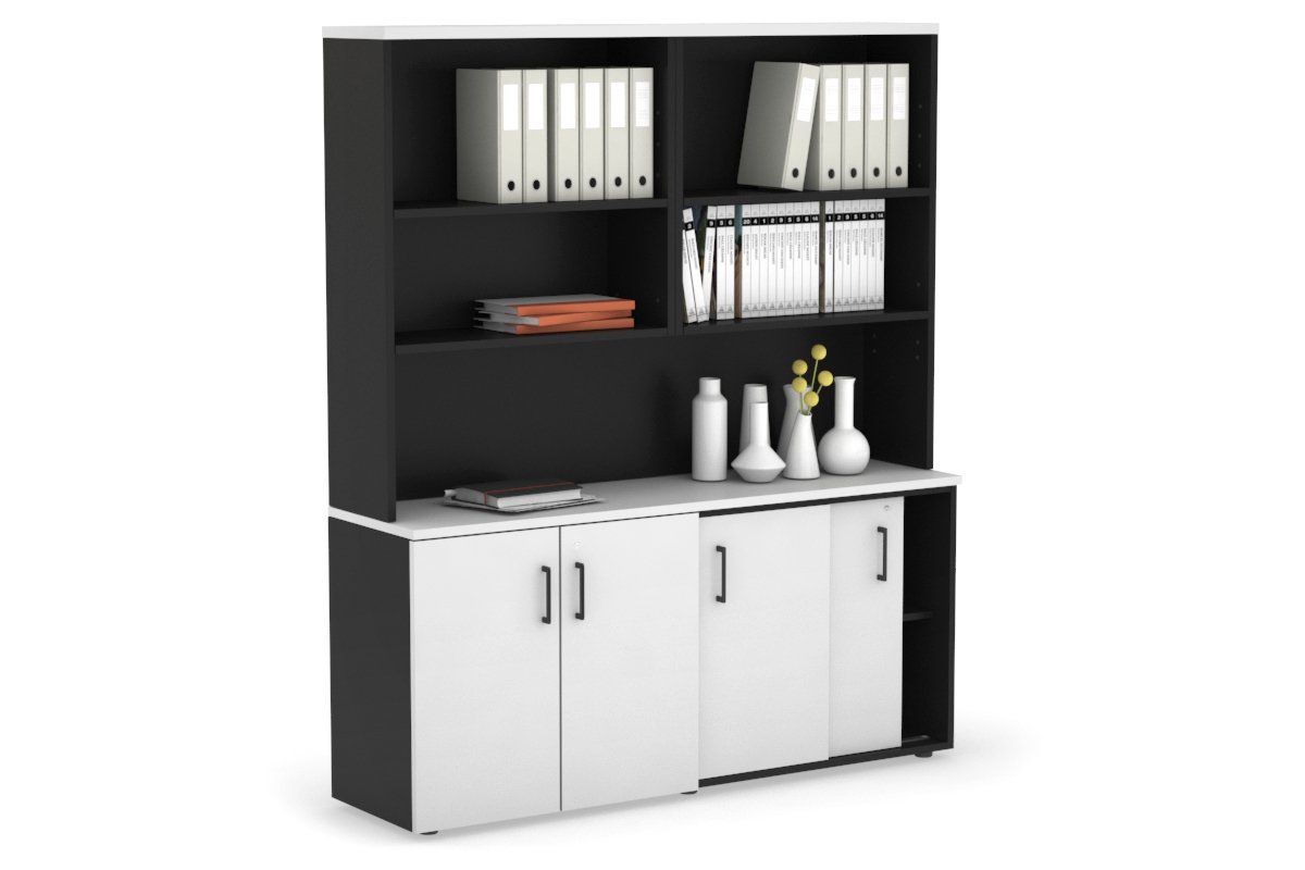 Uniform Sliding 2 Door Credenza and Small 2 Door Cupboard Unit with Open Hutch Jasonl Black white black handle