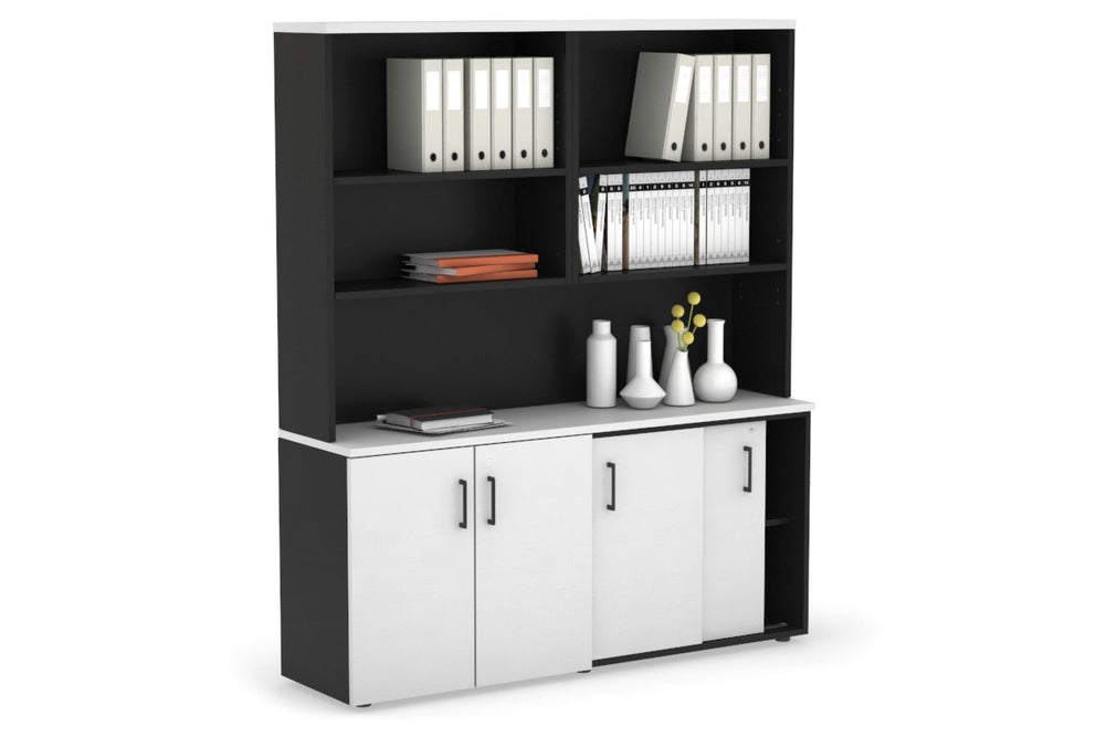 Uniform Sliding 2 Door Credenza and Small 2 Door Cupboard Unit with Open Hutch-Black white black handle