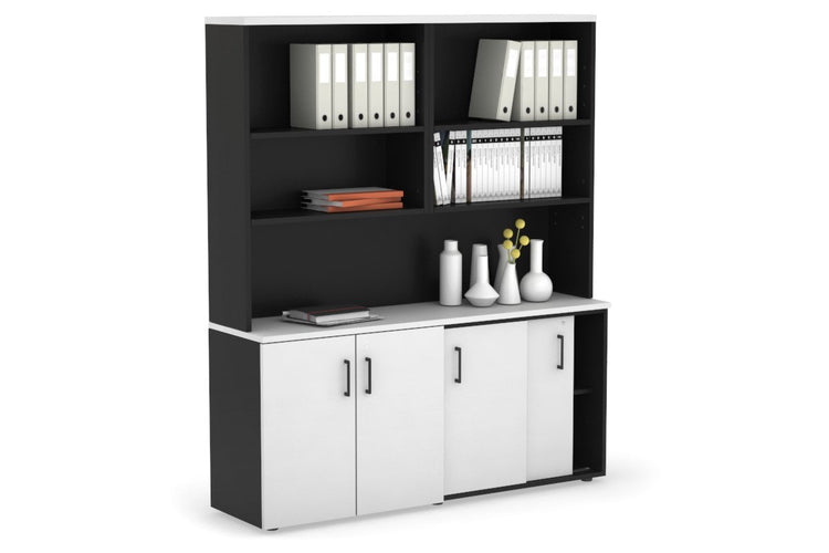 Uniform Sliding 2 Door Credenza and Small 2 Door Cupboard Unit with Open Hutch Jasonl Black white black handle