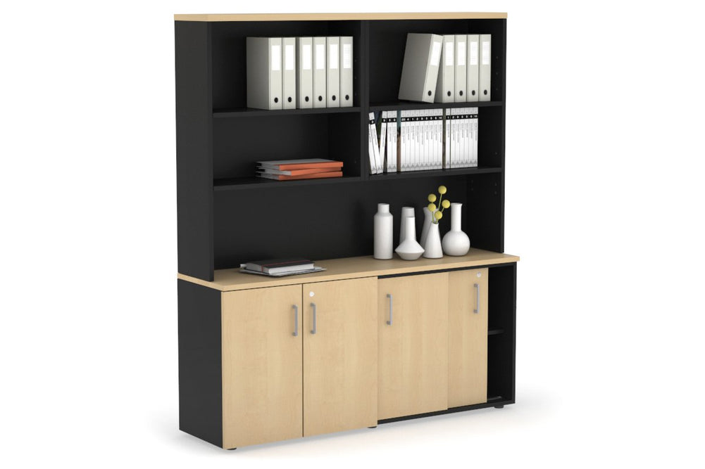 Uniform Sliding 2 Door Credenza and Small 2 Door Cupboard Unit with Open Hutch-Black maple silver handle