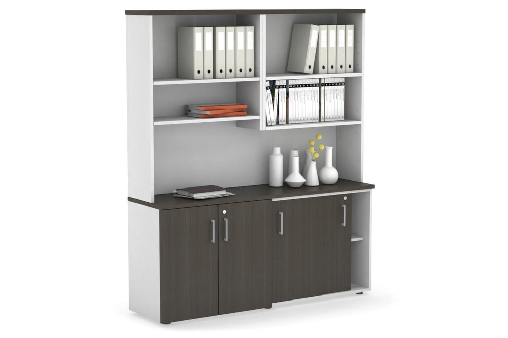 Uniform Sliding 2 Door Credenza and Small 2 Door Cupboard Unit with Open Hutch-Black dark oak black handle