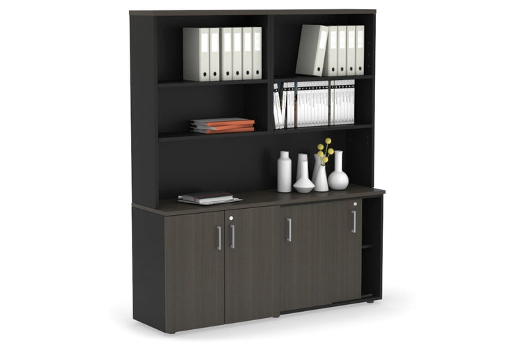 Uniform Sliding 2 Door Credenza and Small 2 Door Cupboard Unit with Open Hutch Jasonl Black dark oak silver handle