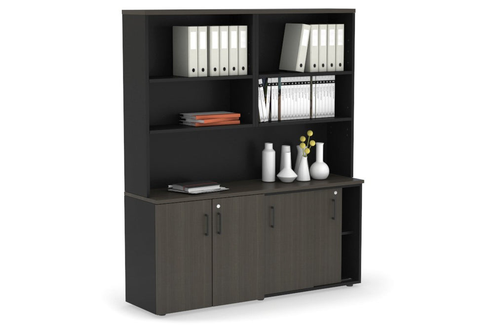 Uniform Sliding 2 Door Credenza and Small 2 Door Cupboard Unit with Open Hutch-Black dark oak black handle