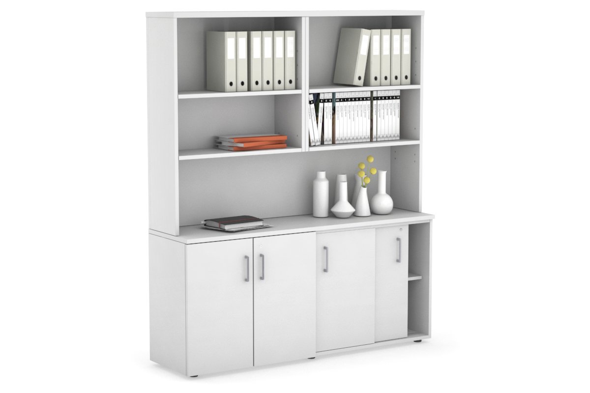 Uniform Sliding 2 Door Credenza and Small 2 Door Cupboard Unit with Open Hutch Jasonl White white silver handle
