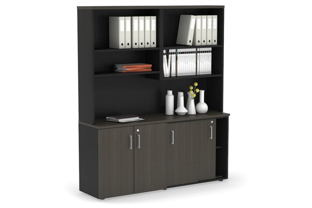 Uniform Sliding 2 Door Credenza and Small 2 Door Cupboard Unit with Open Hutch-Black dark oak black handle