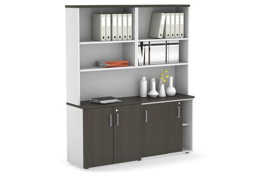 Uniform Sliding 2 Door Credenza and Small 2 Door Cupboard Unit with Open Hutch-White dark oak silver handle