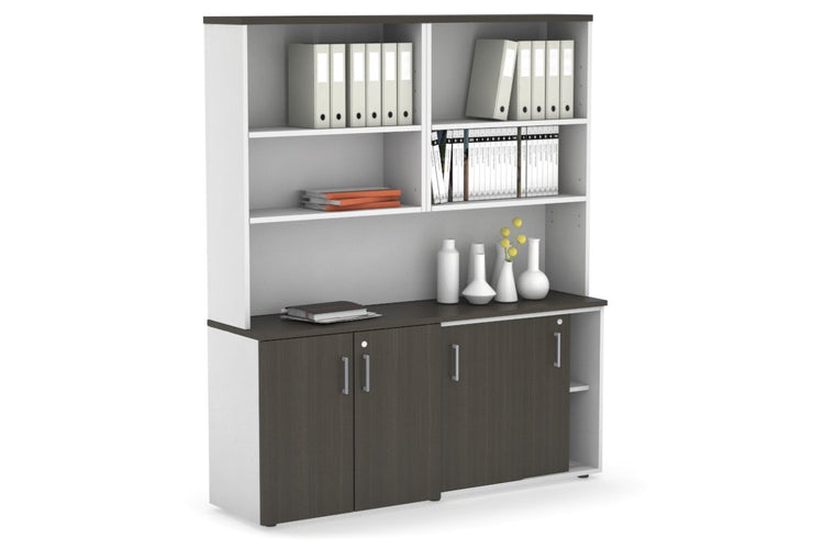 Uniform Sliding 2 Door Credenza and Small 2 Door Cupboard Unit with Open Hutch Jasonl White dark oak silver handle